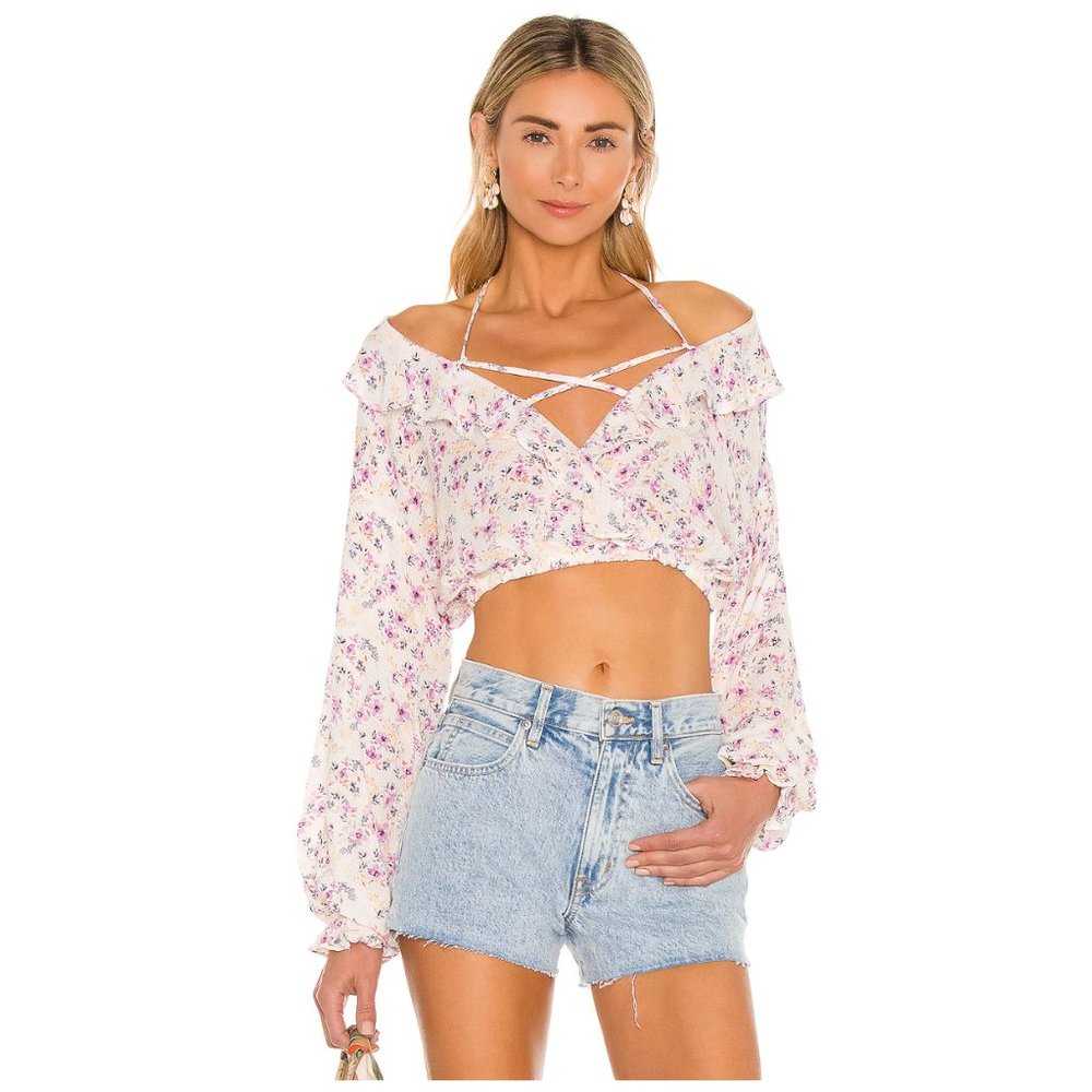NWT: MAJORELLE - Women's long sleeve floral cropped halter Cecelia Top